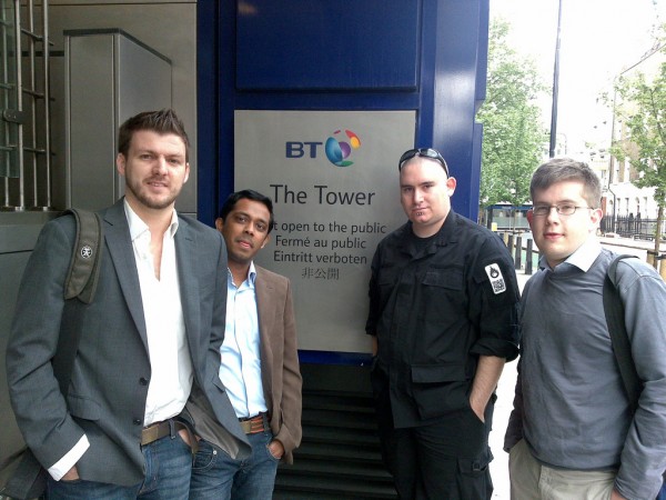 At the BT Tower James Whatley (The Really Mobile Project), Abul Hussain (adonismobile.com), Dan Lane (The Really Mobile Project) and Rafe Blandford (allaboutsymbian.com) - Exclusive access to the BT Tower for the launch of the 'Terminate the Rate' campaign